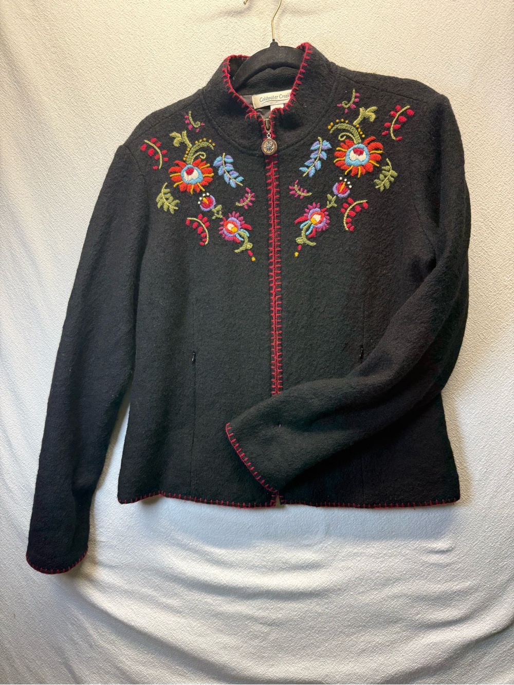 VTG Embroidered Wool Coldwater Creek Black Full Zip Cardigan with Flowers XS